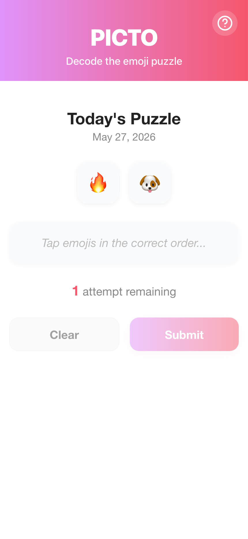 Picto daily emoji puzzle screen showing a hot dog clue